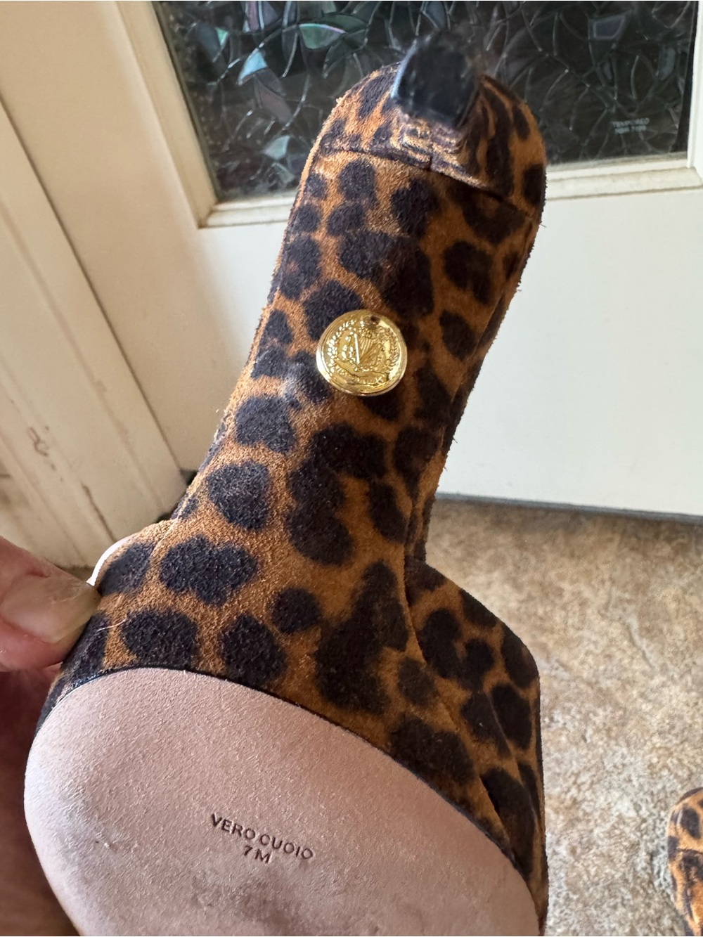 Veronica Beard Leopard-Print Suede Mule Heels with Gold Buckle - Picture 5 of 5